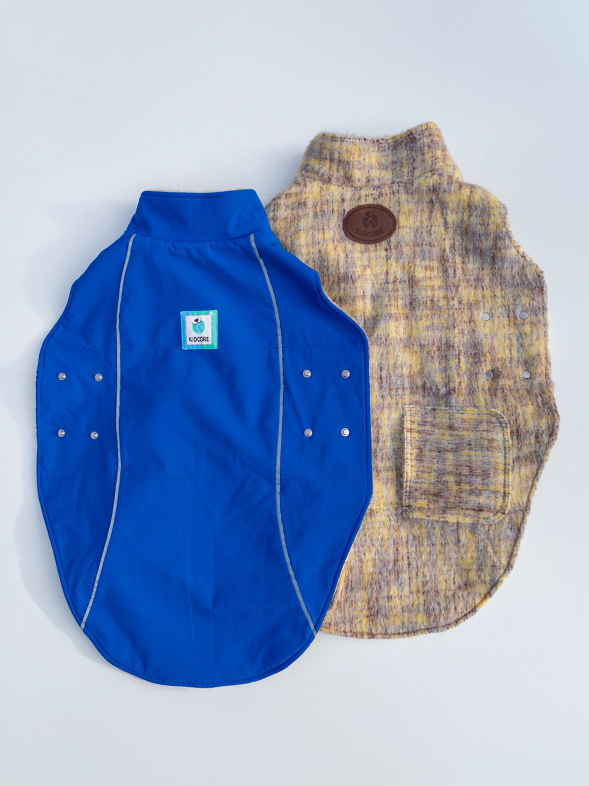 KIDCORE Blueberry Cheese Vest - Comparison of Waterproof Blue and Plaid Wool Sides