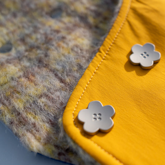 Mustard Yellow Flower Snaps on Japanese Wool Blend - KIDCORE Detail